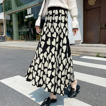Moe-korea, Sügis -, Talve Vabaaja Kudumise Midi Seelik Pluss-Suurus Musta Armastus Prindi Seelik Faldas Mujer Moda Pikad Seelikud Naistele