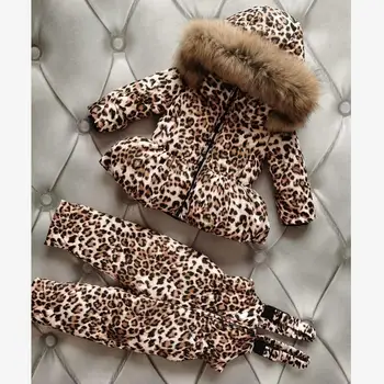 Venemaa Talvine Kapuutsiga Alla Mantel Laste Lumi Kanda Sooja Leopard Ülerõivad Tõeline Karusnaha Krae Parka Lapsed sulejoped tüdrukute Y3293